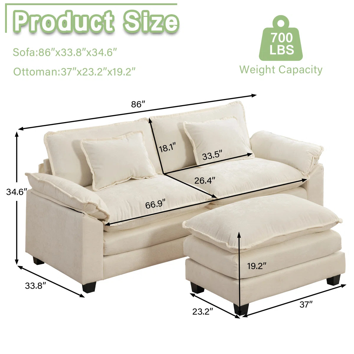 Arale 86'' Wide Comfy Cloud Couch Sectional Loveseat Sofa with Ottoman