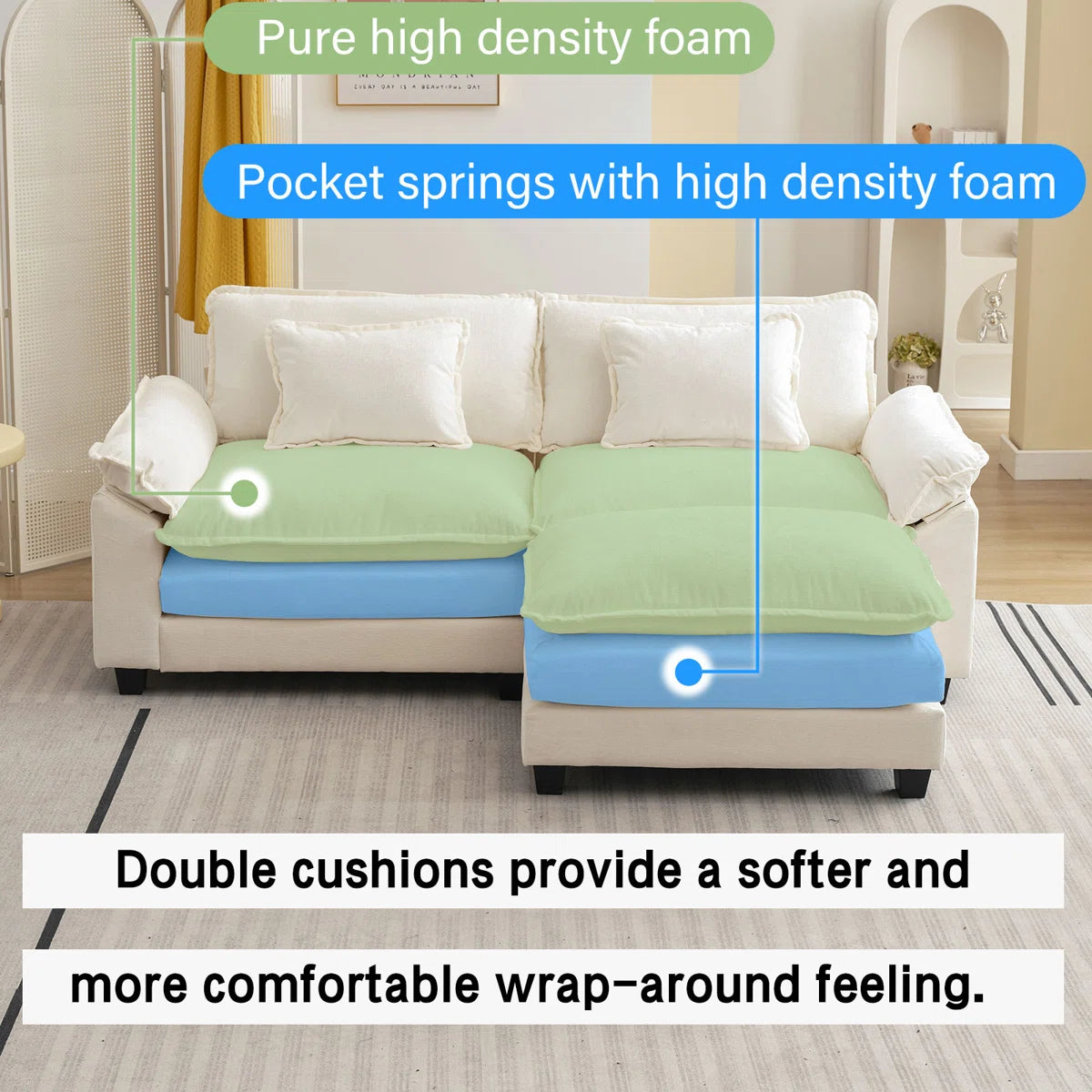 Arale 86'' Wide Comfy Cloud Couch Sectional Loveseat Sofa with Ottoman